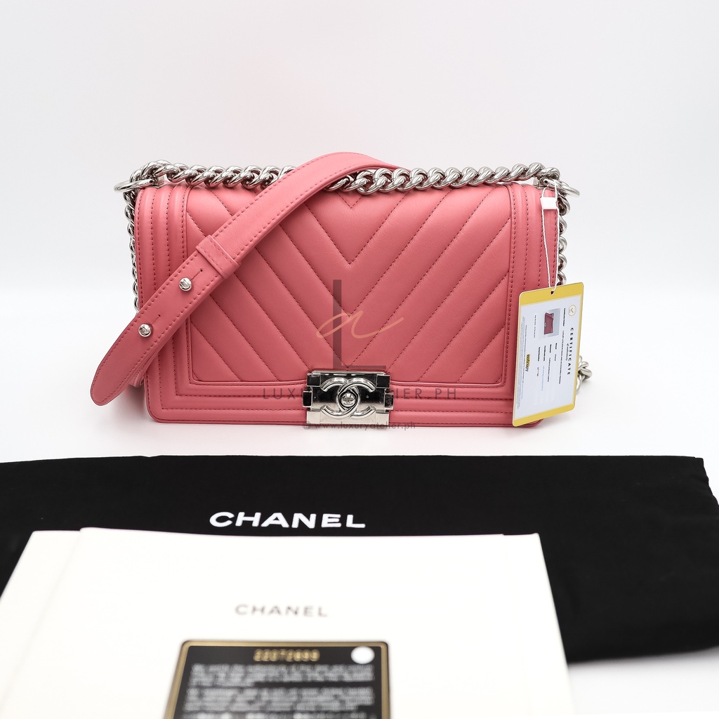 Chanel Le Boy Medium Chevron Peach Pink