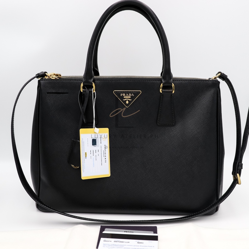 Prada Saffiano Luxe Tote and Shoulder Bag Black