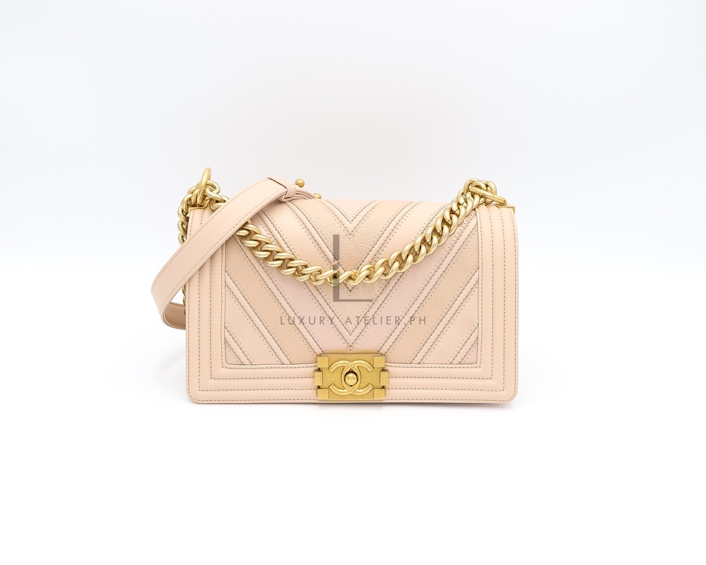 Chanel Chevron Le Boy Medium Beige Pink